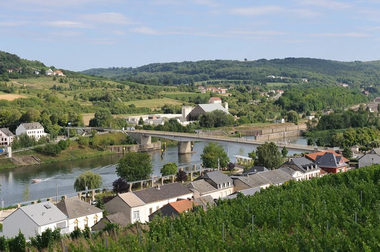 La vallée de la Moselle et les vignobles vus depuis le Markusbierg, à Schengen. Image redimensionnée et convertie en WebP.